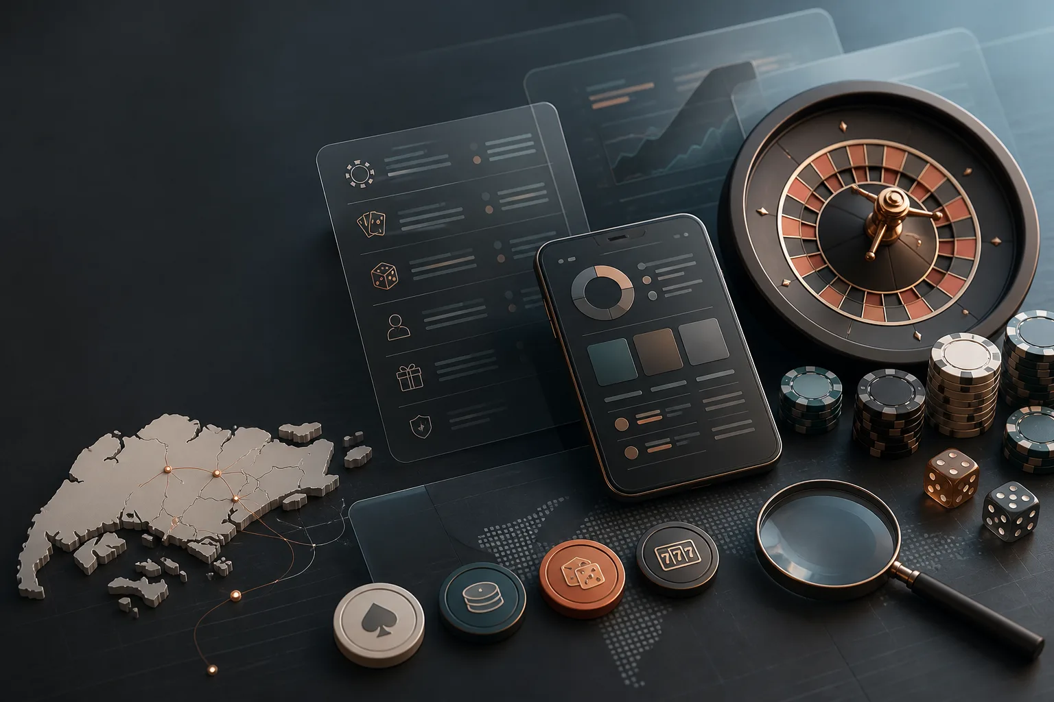 Casino research desk with comparison panels, game tokens and a magnifying glass